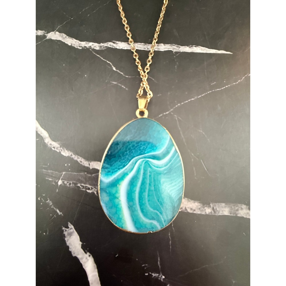 Vintage Green Sliced Agate Stone Pendant 1.75in X 1.25in with 36in Chain